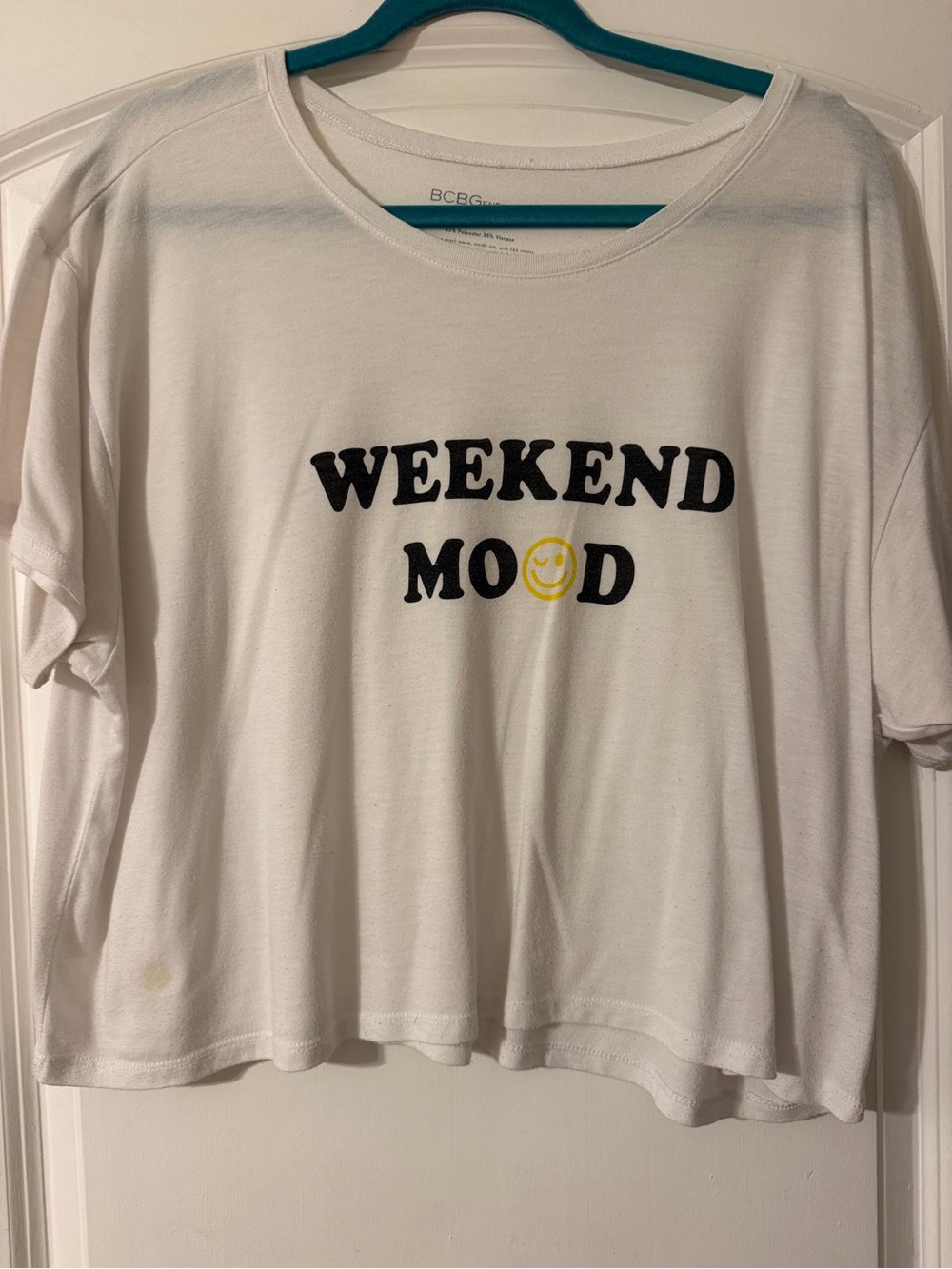 BCBGeneration White Tee with Black 'WEEKEND MOOD' Text and Yellow Smiley